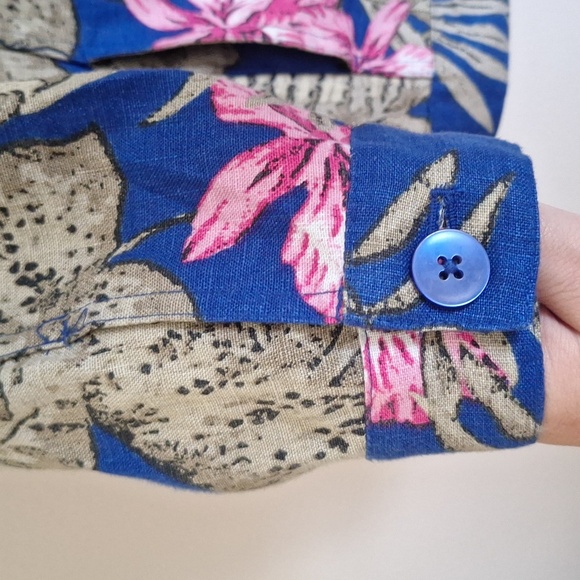Chico's Hawaiian Floral Linen Jacket Blue Green Pink Size M - Picture 8 of 9
